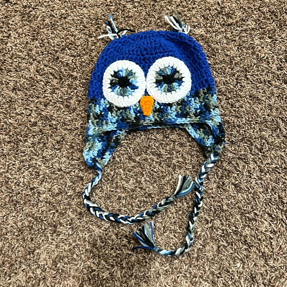 Handmade owl hat with ties (EUC, barely worn)